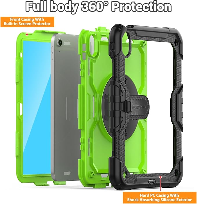 SEYMAC Case for iPad (A16) 11th/10th Generation 2025/2022 (11″/10.9″), Sturdy Heavy Duty Full-Body Shockproof Protective Case with Screen Protector, Rotating Stand, Hand/Shoulder Strap, Black/Green