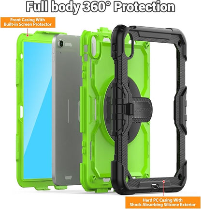 SEYMAC Case for iPad (A16) 11th/10th Generation 2025/2022 (11″/10.9″), Sturdy Heavy Duty Full-Body Shockproof Protective Case with Screen Protector, Rotating Stand, Hand/Shoulder Strap, Black/Green