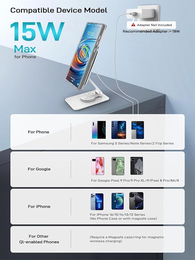 Compatible with MagSafe Charger, 15W MagSafe Charger Stand, 360°Rotation Base Adjustable Foldable Wireless Charger for Samsung Galaxy S25 Ultra/Z Fold7/Flip7/iPhone 16/Pixel 10 Pro/Pixel 10 Pro Fold