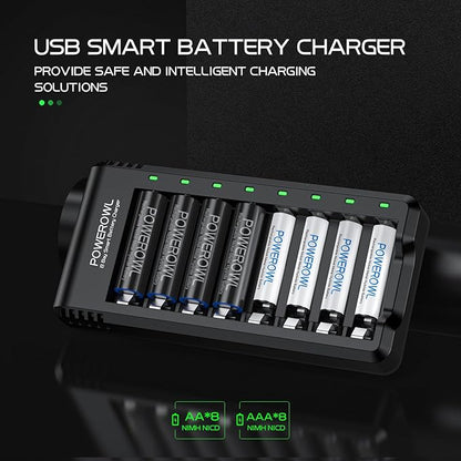 POWEROWL 8 Bay AA AAA Battery Charger 2 Pack, USB High-Speed Charging, Independent Slot, for Ni-MH Ni-CD Rechargeable Batteries