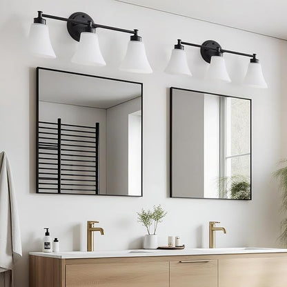 LOUSACE 3 Light Bathroom Vanity Light Matte Black Bathroom Lighting Fixtures Over Mirror with Opal White Frosted Glass, Vintage Traditional Wall Lighting Fixture Vanity Sconces Light for Bedroom