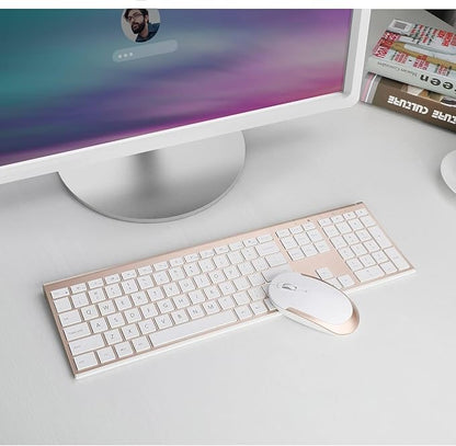 Wireless Keyboard and Mouse, Vssoplor Rechargeable Quiet Full-Size Keyboard and Mouse Combo Set Ultra Slim Design for Laptop, PC, Notebook, Desktop-White and Gold