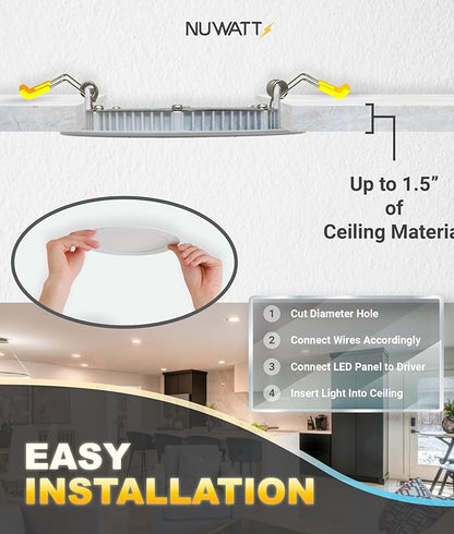 NUWATT 12 Pack, 4 Inch Ultra-Thin LED Recessed Lighting, 5CCT 2700K/3000K/3500K/4000K/5000K Selectable, 630LM, 9W, IC Rated, Dimmable Slim Panel Light, White Trim Canless Wafer with Junction Box, ETL
