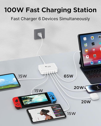 Aiminu USB C Charger Block Charging Station 6-Port 100W GaN USB C Fast Charging for Multiple Devices PD 3.0 Type C & USB A Wall Charger Power Adapter for All iPhone iPad Samsung Android Pixel Series