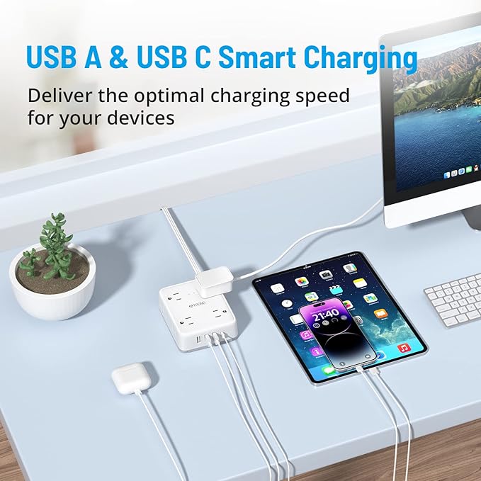 TROND Surge Protector Power Strip with USB, Ultra Thin Flat Plug 10ft Extension Cord 1625W, 3 USB-A & 1 USB-C, 8AC Outlets 1440J Surge Protection Wall Mount for Home Office Dorm Room Essentials, White
