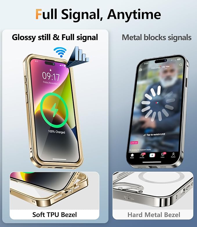 [360° Rotatable CD Stand & Built-in Privacy Screen Magnetic Case for iPhone 14 [Compatible with MagSafe & Full Signal] Mil-Grade Shockproof Full Body Anti-Spy Cover for 14-Gold