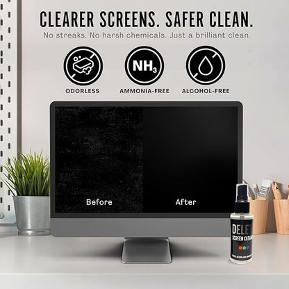 Delete Screen Cleaner Spray Kit, 2 Pack, 2oz Bottle and 2x 6"x6" Microfiber Cleaning Cloth, Streak-Free, Safe and Gentle Formula, Multi-Purpose for Travel, Small TVs, Cameras, Laptops, Phones