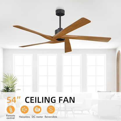 WINGBO 54" ABS DC Ceiling Fan No Light, 5 Blade Wood Grain ABS Ceiling Fan with Remote, 6-Speed Reversible DC Motor, Ceiling Fans without Light for Kitchen Bedroom Living Room, Matte Black and Walnut