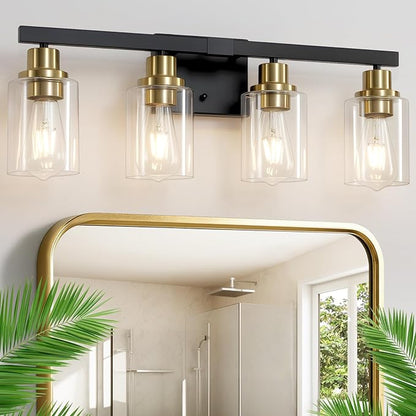 DIKAIDA Bathroom Vanity Light, 4-Light Black and Gold Bathroom Light Fixtures with Clear Glass Shade, Bathroom Lighting Fixtures Over Mirror,Bath Black Wall Lights for Mirror Bedroom,Living Room