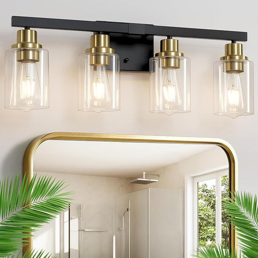 DIKAIDA Bathroom Vanity Light, 4-Light Black and Gold Bathroom Light Fixtures with Clear Glass Shade, Bathroom Lighting Fixtures Over Mirror,Bath Black Wall Lights for Mirror Bedroom,Living Room