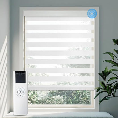 COOLWINDS Motorized Zebra Blinds for Windows Cordless Electric Curtains with Remote Control Blackout Shades Custom Smart Blinds Compatible with Alexa Google Home(Light Filtering White,W34 x H72in)