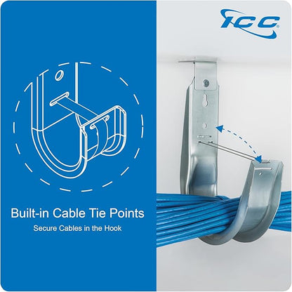 ICC Ceiling Mount J Hook 2” with Retainer Clip - Galvanized Steel Cable Management Hooks for Hanging Cable - Rust-Resistant, EIA and TIA Compliant - 2 Inch 25-Pack