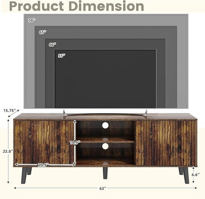 EROMMY 63'' Fluted TV Stand for 70 Inch TV, Modern Entertainment Center with Sliding Doors & Storage Cabinet, Mid Century Media TV Console for Living Room, Brown