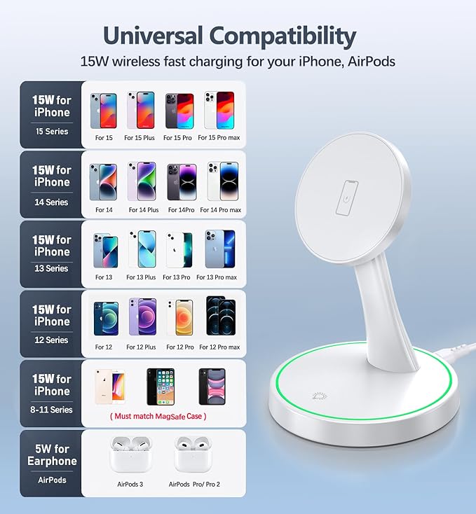 Magnetic Wireless Charger Stand 15W Fast Mag-Safe Charger for iPhone 16/16 Pro/16 Plus/16 Pro Max/15/14/13/12 Series Magnet Wireless Charging Station/Pad with Sleep-Friendly Light for AirPods