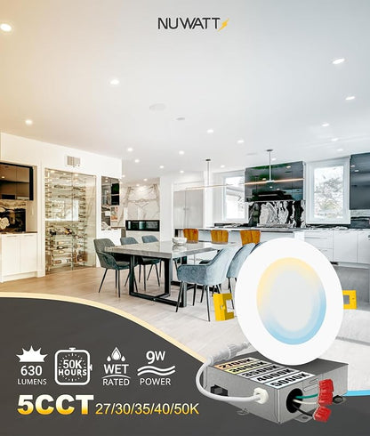 NUWATT 12 Pack, 4 Inch Ultra-Thin LED Recessed Lighting, 5CCT 2700K/3000K/3500K/4000K/5000K Selectable, 630LM, 9W, IC Rated, Dimmable Slim Panel Light, White Trim Canless Wafer with Junction Box, ETL