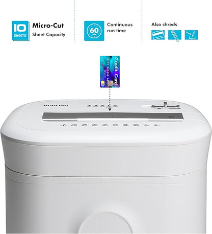 Aurora High-Security 10-Sheet Micro-Cut Paper and Credit Card Shredder with 6 Gallon Pullout Basket / 60 Mins Running Time/Security Level P-5