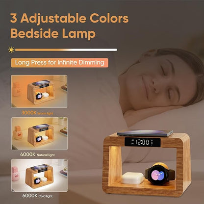 Bamboo Wireless Charging Station, 3 in 1 Charging Station with Light & Clock for Samsung & Android Phone, Wireless Phone Charger Station Only for Samsung Watch