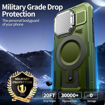 Camera Stand Case for iPhone 15 Pro, [Compatible with Mag Safe] [Lens Cover] 2024 Version Military Grade Protective Soft Case for iPhone 15 Pro 6.1 inch Men Women, Green