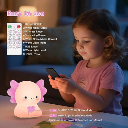 ICARER FAMILY Axolotl Night Light with Sound Machine, Pink Silicone Touch Lamp, Wireless Speaker, Remote Control, Soft Touch, Baby Room Lamp