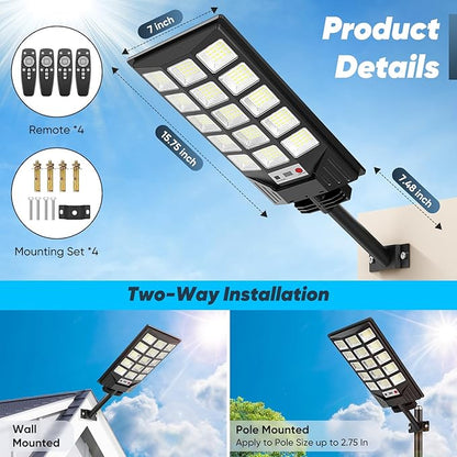 Solar Street Lights Outdoor Waterproof, 30000LM 6500K LED Motion Sensor Lights, Solar Flood Lights with Remote, Dusk to Dawn Solar-Powered Parking Lot Light, Commercial Area Lighting for Yard, 4-Pack