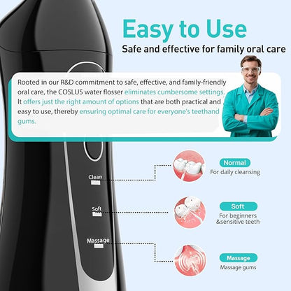COSLUS Water Dental Flosser Teeth Pick: Portable Cordless Oral Irrigator 300ML Rechargeable Travel Irrigation Cleaner IPX7 Waterproof Electric Flossing Machine for Teeth Cleaning C20(F5020E)
