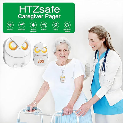 HTZSAFE Caregiver Pager Wireless Call Button 500+ Feet, SOS Alert Nurse Calling Elderly Fall Help System for Patient/Disabled Monitoring at Home, IP55 Waterproof, 1 Transmitter + 1 Receiver , White