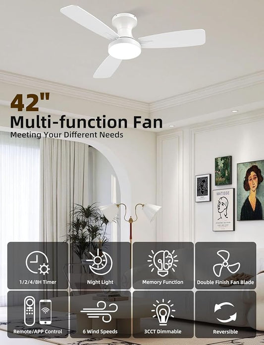 Homlit 42 inch Smart Ceiling Fan with Light, Low Profile Flush Mount with Remote Control, Ultra-Quiet Reversible DC Motor, 3 Color Temperatures & 6 Speed Dimmable Lighting for Bedroom, White