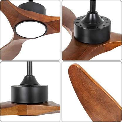 revoici 52 Inch Brown Wood Ceiling Fan with Light and Remote, 6 Speed and Reversible DC Motor, 3 Blade Low Profile Flush Mount Mordern Wood Ceiling Fans for Living Room Bedroom Outdoor Patio