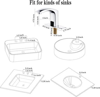 HALO H59 Brass Chrome Touchless Bathroom Faucet 4 AA Batteries Powered, Easy DIY Installation for Novices Automatic Vessel Sink Faucet with Control Box for Market/Home/Restaurant/School