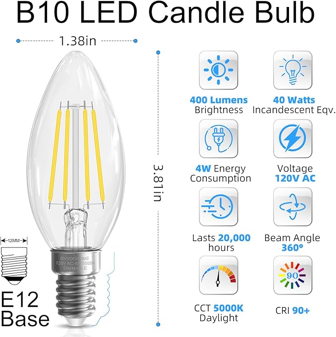 GvvooHome LED Candelabra Light Bulbs, E12 Bulb dimmable, 4W,40 watt Equivalent, Chandelier Light Bulbs, B10 Candle Bulb 5000K Daylight, 90+CRI, 400LM, Clear Glass, 48 Pack