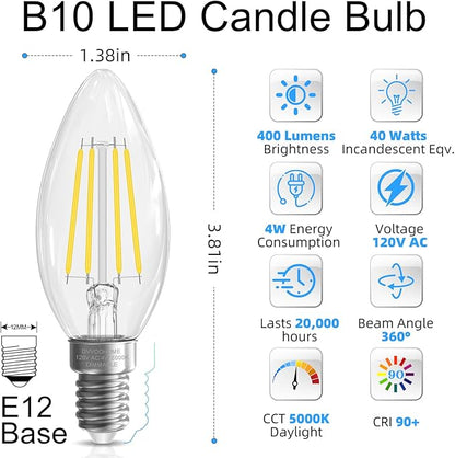 GvvooHome Candelabra Light Bulbs 40 watt Equivalent, Chandelier Light Bulbs Dimmable E12 LED Bulb, B10 Candle Light Bulb 5000K Daylight, 90+CRI, 400LM, Clear Glass, 24 Pack
