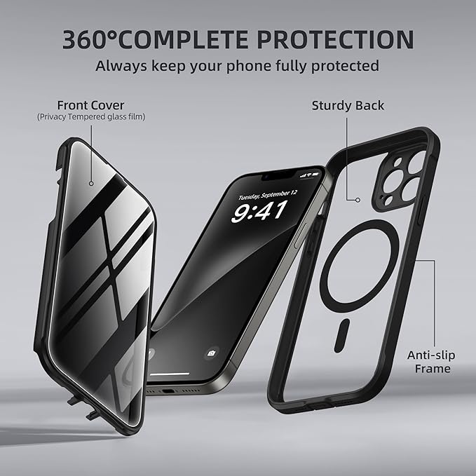 BERFY Magnetic for iPhone 13 Pro Max Case, Compatible with MagSafe, Built-in Privacy Screen Protector and Upgraded Camera Protection, Anti-Spy Full Body Shockproof Phone Case for 13 Pro Max 6.7",Black