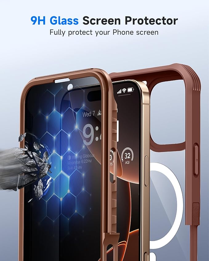 seacosmo for iPhone 16 Pro Max Case, Full Body Bumper with Built-in 9H Tempered Glass Privacy Screen Protector and Camera Lens Protector, Compatible with MagSafe, Shockproof Case, 6.9", Desert Brown