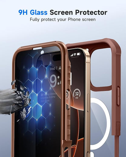 seacosmo for iPhone 16 Pro Max Case, Full Body Bumper with Built-in 9H Tempered Glass Privacy Screen Protector and Camera Lens Protector, Compatible with MagSafe, Shockproof Case, 6.9", Desert Brown