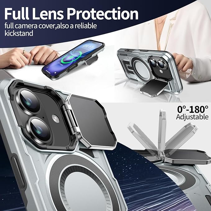 Camera Stand Case for iPhone 16, [Compatible with MagSafe] [Lens Cover] 2024 Version Military Grade Protective Soft Case for iPhone 16 6.1 inch Men Women, Grey