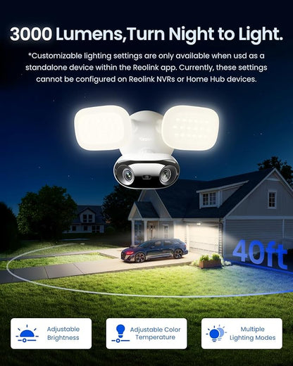 REOLINK Elite Floodlight WiFi, 4K 8MP 180° Panoramic Wired Floodlight Camera, Adjustable 3000 Lumens, Local AI Video Search, Dual-Band Wi-Fi 6, 24/7 Recording, No Monthly Fees, 100~240V AC Hardwired