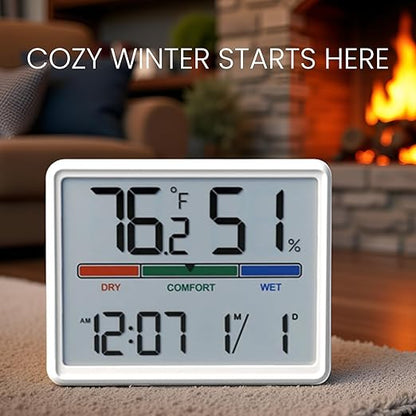 Luzsco Digital Hygrometer Indoor Thermometer, Clock with Temp & Humidity, Temp Gauge with Comfort Indicator, Wall/Magnetic/Desk Alarm Clock for Bedroom, Baby Room, Office, Kitchen, Garage (White)