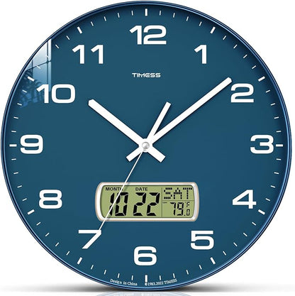 TIMESS Wall Clock, 10" Dial Non-Ticking Silent Battery Operated Analog with LCD Display for Perpetual Calendar and F° Temperature, Ideal Modern Home, Bedroom, Kitchen, Office Decor (Blue)