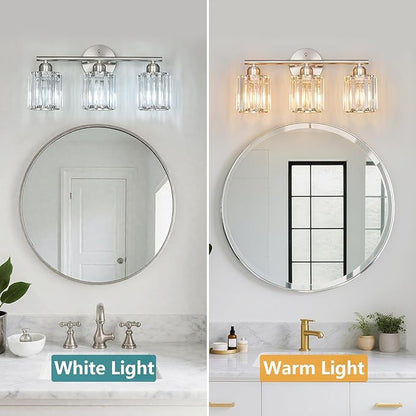 FDPBY Modern 3 Light Crystal Vanity Light, Brushed Nickel Vertical Bathroom Light Fixture Over Mirror for Dressing Table Sink, Compatible with Dimmable Bulbs (Bulbs Not Included)