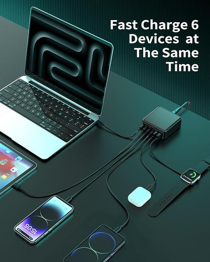 MSTJRY Charging Station for Multiple Devices : 130W 6 Port GaN Fast USB C Charger Station, Compact Multi Port PD 65W 45W Charger for iPhone 17/16 15/14/13/Pro Max