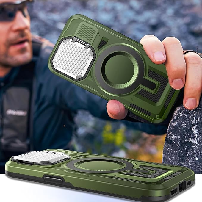 Camera Stand Case for iPhone 15 Pro, [Compatible with Mag Safe] [Lens Cover] 2024 Version Military Grade Protective Soft Case for iPhone 15 Pro 6.1 inch Men Women, Green