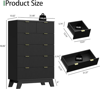 Xixini Fluted Dresser for Bedroom with 6 Drawers, 46" Tall Modern Chest of Drawers with Metal Handle, Wooden Dresser TV Stand, Wood Closet Clothes Storage Organizer for Living Room, Hallway, Black