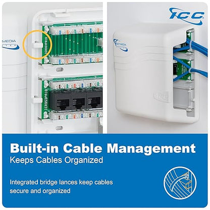 ICC Compact Plastic Structured Media Enclosure, Small Media Enclosure Box with CAT5e 8-Port PoE++, 1x8 Bridged Telephone, & 1x4 Video, 7.5 x 6.5 x 3.5 Inch, UL Listed TAA Compliant, ICRDSMMBK1