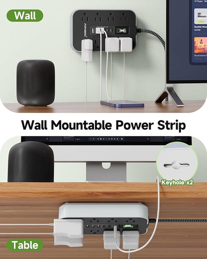 Power Strip Surge Protector- 5FT Flat Plug Extension Cord, 8 AC Outlet& 6 USB Ports(3 USB C), 1080 J Surge Protection, Desk Charging Station, Overload Switch, Home, Office, Gaming Room Essentials.