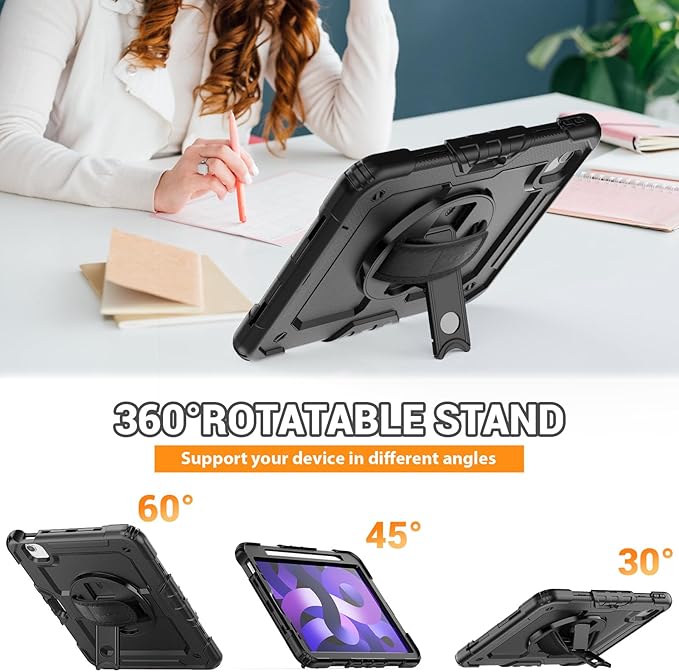 SEYMAC for iPad Air 5th/ 4th Generation Case 10.9 Inch, Full-Body Shockproof Protective Case with Screen Protector, Rotating Stand/Handle/Shoulder Strap/Pencil Holder for iPad Air 5/ Air 4, Black
