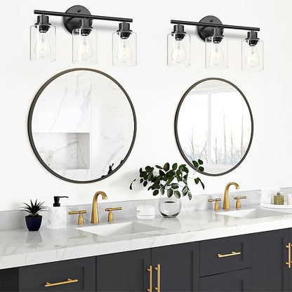 Guliaofo 3-Light Black Vanity Lights, E26 Modern Bathroom Light Fixtures with Clear Glass Shade, Wall Lamps for Mirror Kitchen Hallway Cabinet Living Room Sconces Lights