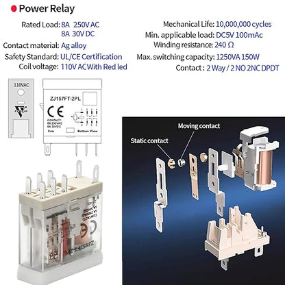 UL Listed 12Pcs 8Amp Mini Relay Switch DPDT with Test Button 110V-120V AC 2NO 2NC 5Pin Socket Base with Indicator Light