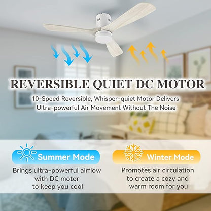 SMAAIR 52 Inch Flush Mount Smart Ceiling Fan with Dimmable Led Light, 3 Carved Wood Blades Modern Low Profile Ceiling Fans Compatible with Alexa,Remote Control,Timer & Schedule Function,White