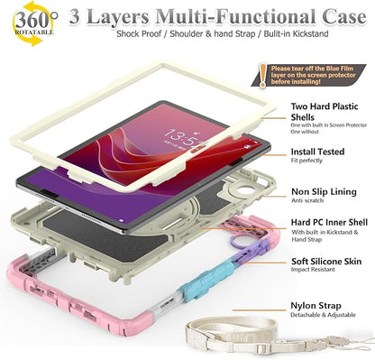 SEYMAC stock Tablet Case for Lenovo Tab M11 (TB-330FU/TB-330XU) 11 inch Drop-Proof Protection Cover with 360° Rotate Stand & Strap [Pen Holder] & Screen Protector/K11/Xiaoxin Pad 2024, Beige+Pink