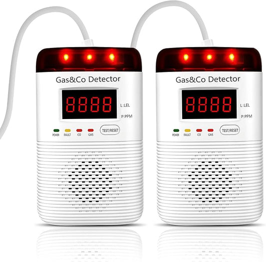 2 Packs Combination Gas & Carbon Monoxide Detectors Plug in, Portable CO Detector with Digital Display Audible & Visual Alarm, Gas & CO Alarm Applicable to for Home, Kitchen, Hotel